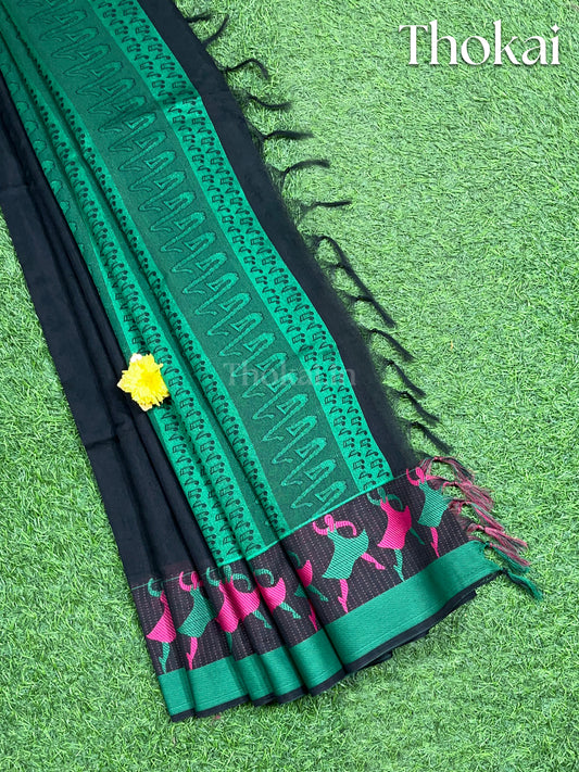 Black and green chanderi silk cotton saree