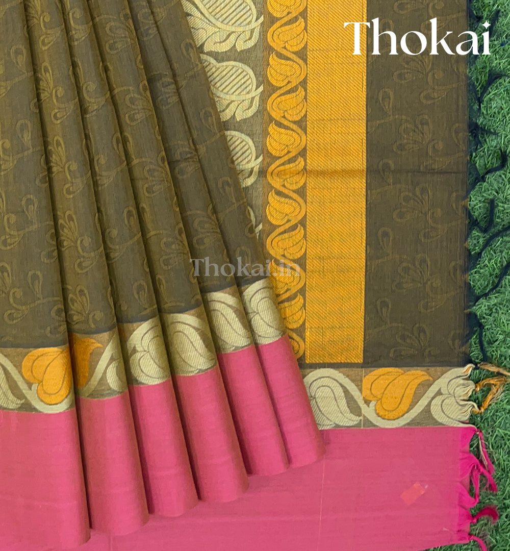 Green and pink pure rich cotton saree