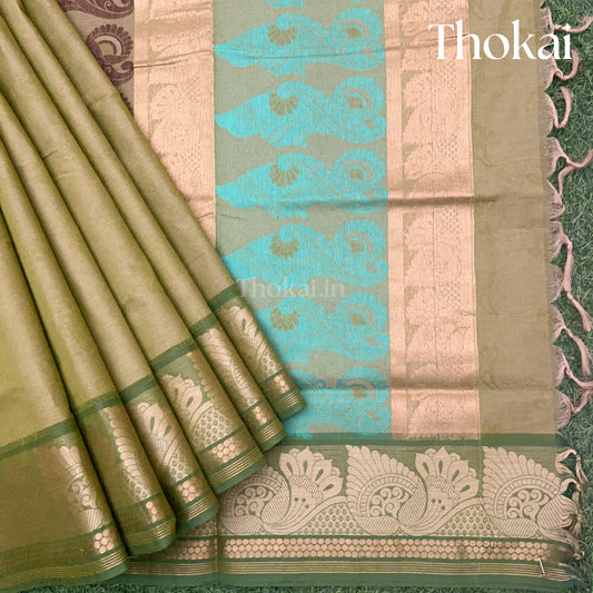 Pista green and CS Blue shade pure rich cotton saree