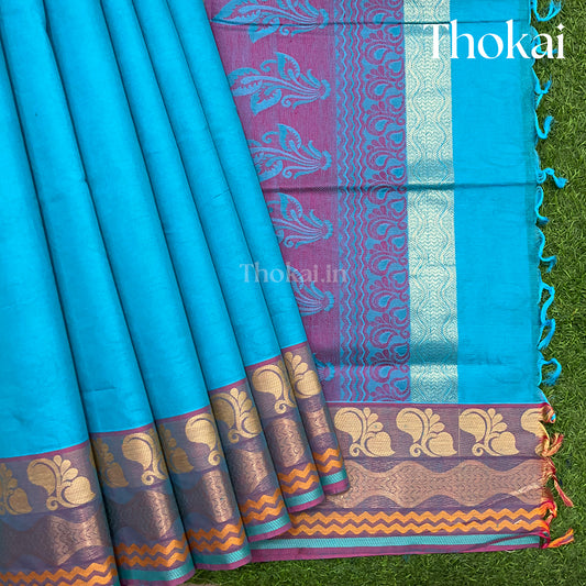 CS Blue and pink double tone pure rich cotton saree