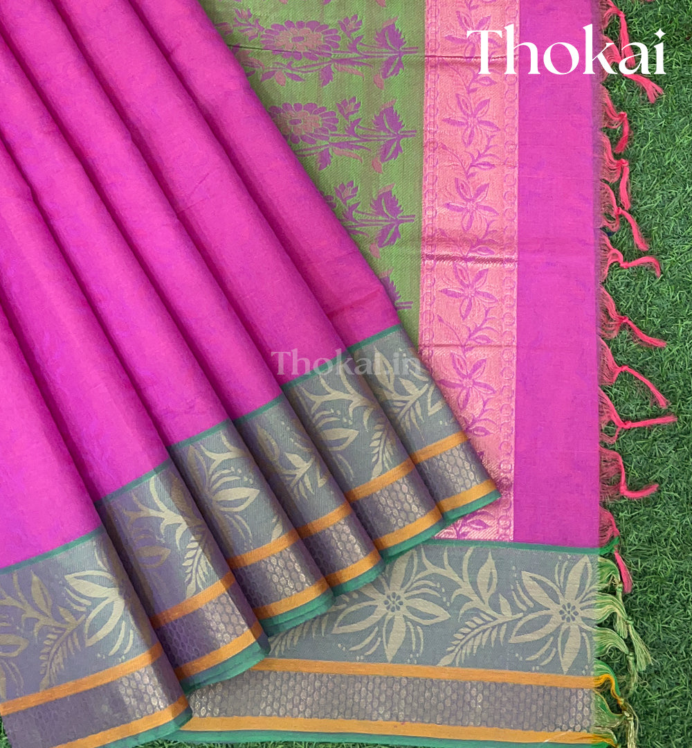Pink and green pure rich cotton saree