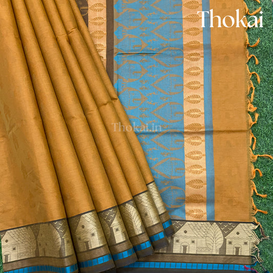 Mustard yellow and CS blue shade pure rich cotton saree