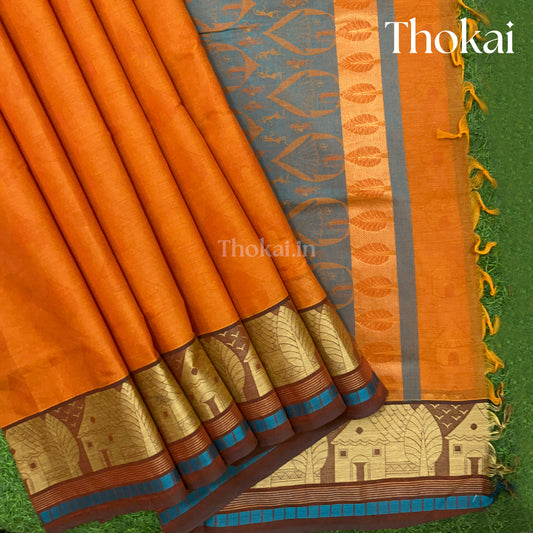 Orange and blue shade pure rich cotton saree