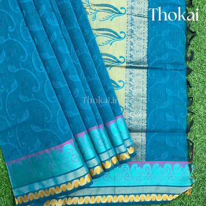 Peacock blue pure rich cotton saree