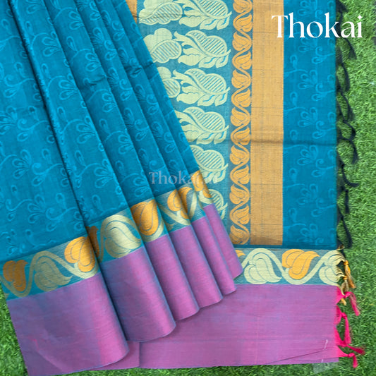 Peacock blue double tone pure rich cotton saree