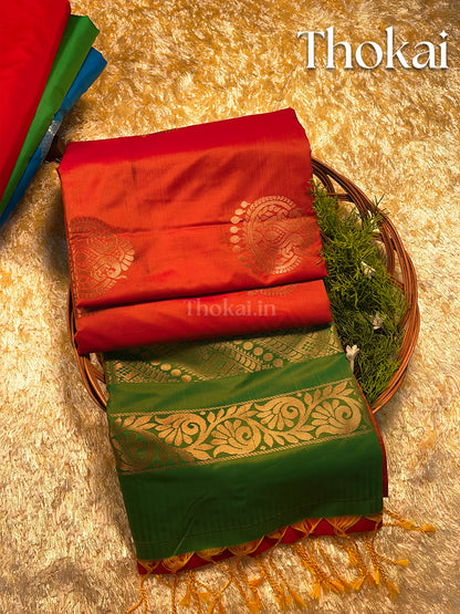 Dual color of red and green kanchipuram semi soft silk saree