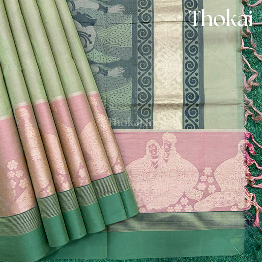 Pista green and dark green pure rich cotton saree