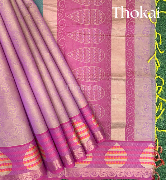 Pink and yellow shade pure rich cotton saree