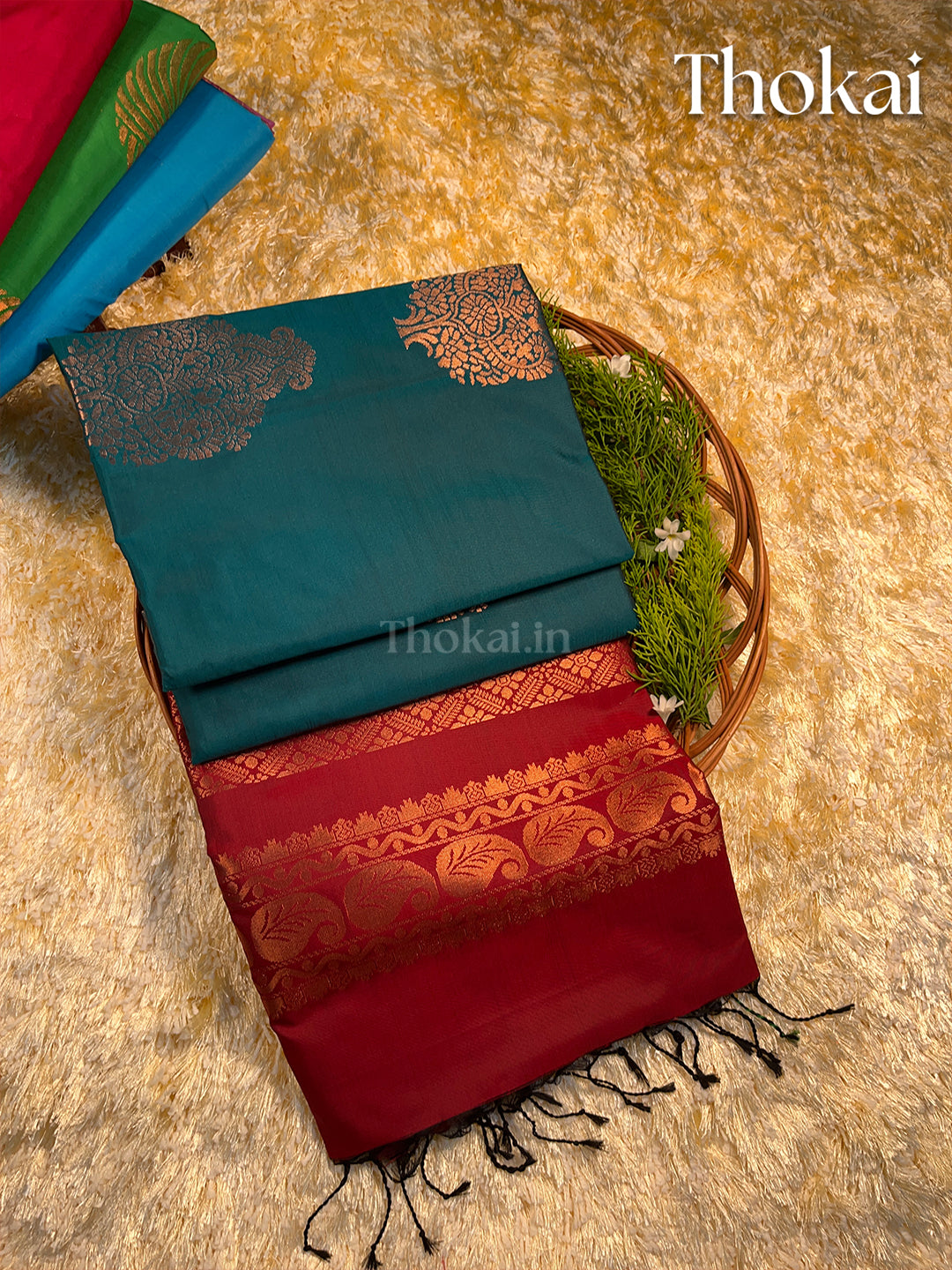 Dual color of turquoise and maroon kanchipuram semi soft silk saree