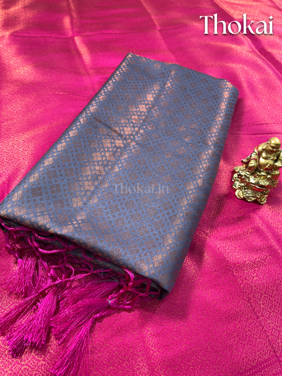 Ink blue and pink banaras soft silk saree