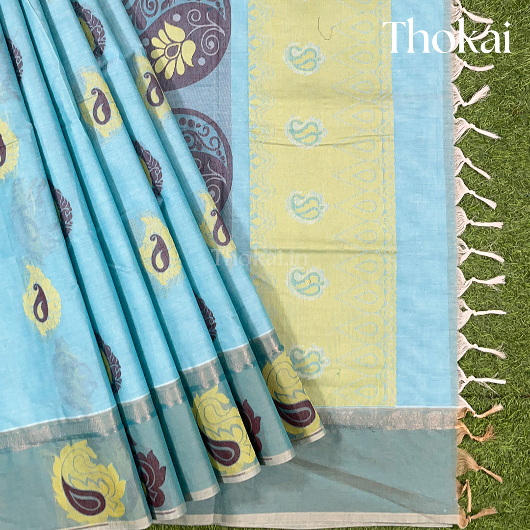 Blue and green pure rich cotton saree