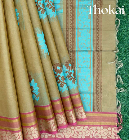 Khaki shade and brown pure rich cotton saree