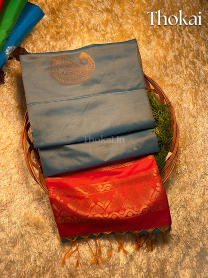 Dual color of grey and orange kanchipuram semi soft silk saree