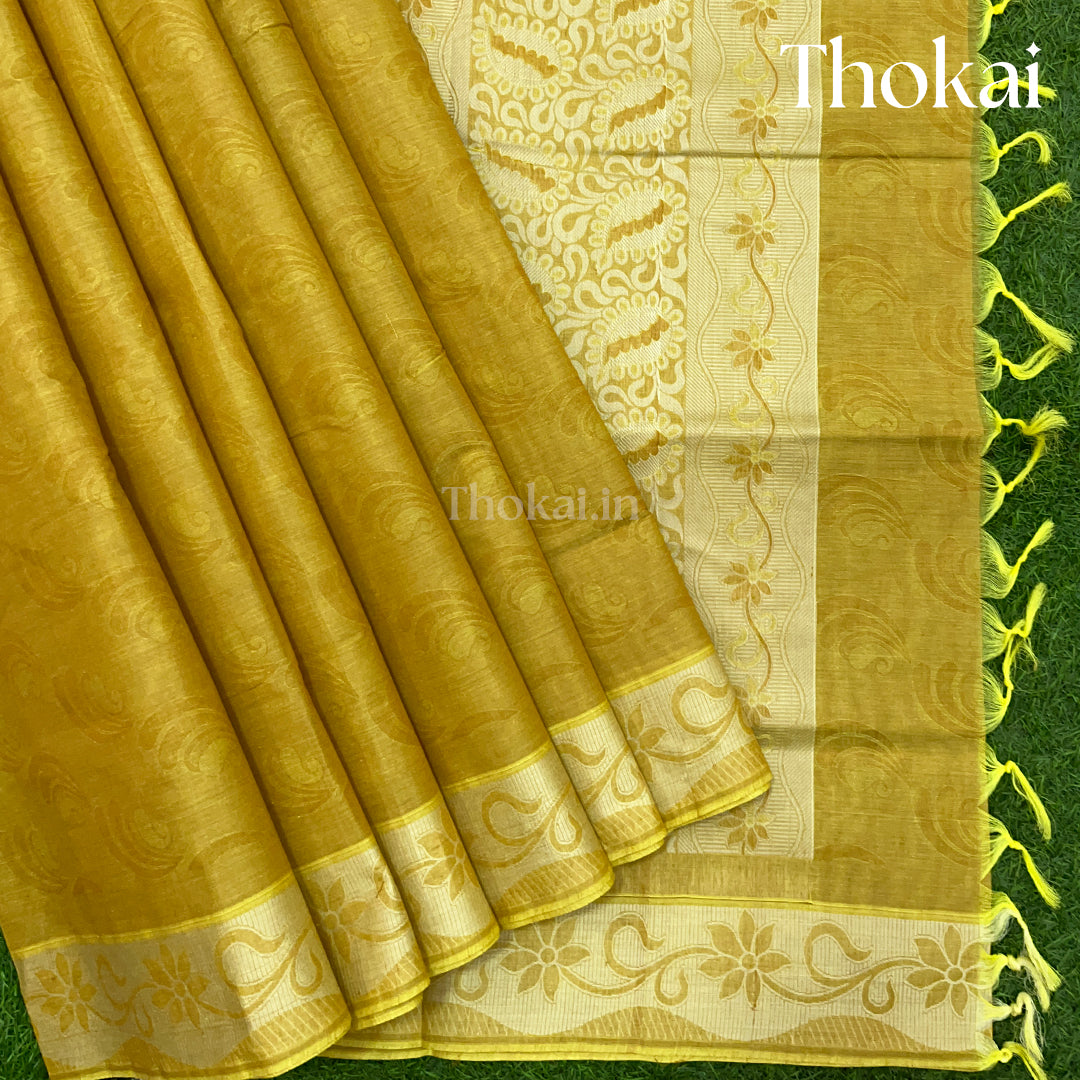 Mustard yellow and gold shade pure rich cotton saree