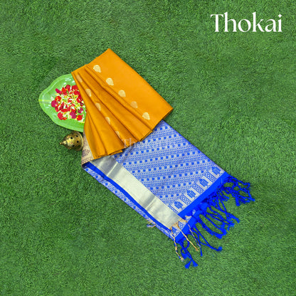 Mustard Yellow with Royal Blue Kanchipuram semi soft silk saree