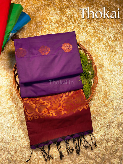 Dual color of violet and maroon kanchipuram semi soft silk saree