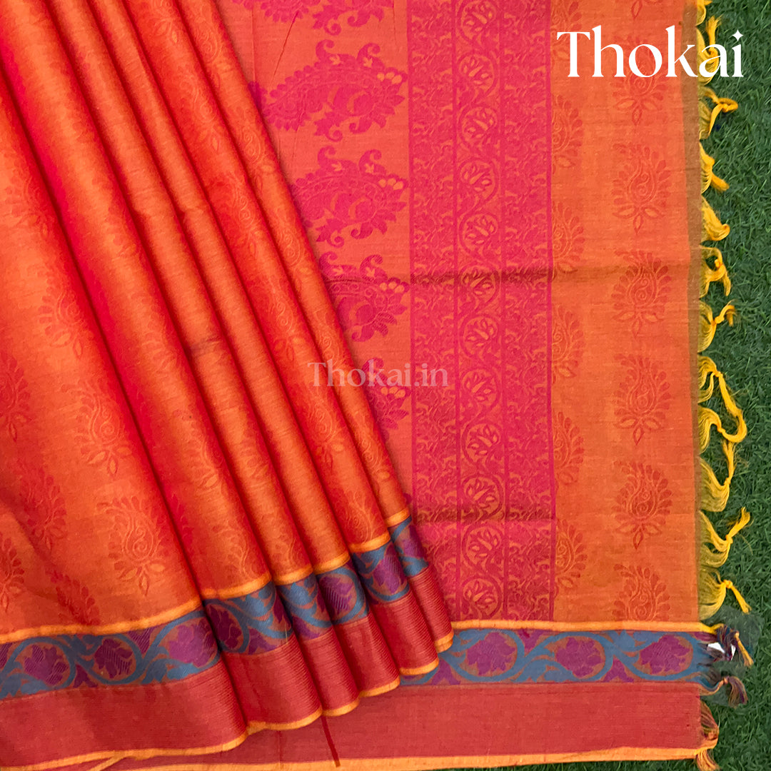 Orange and pink double tone pure rich cotton saree