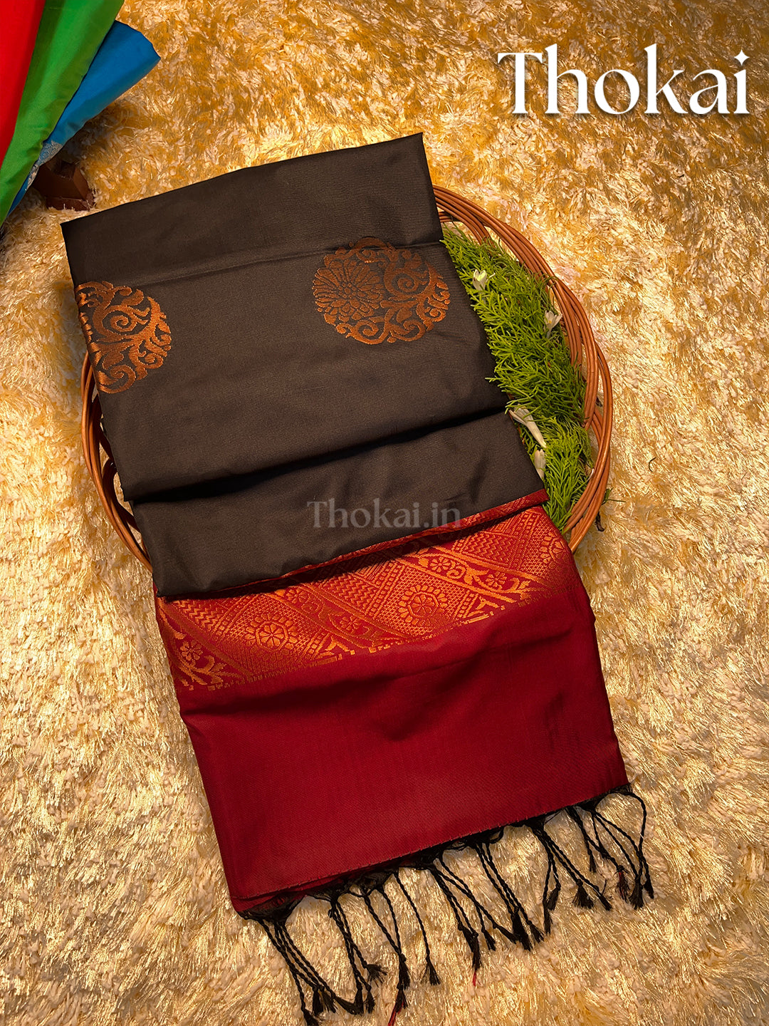 Dual color of black and maroon kanchipuram semi soft silk saree