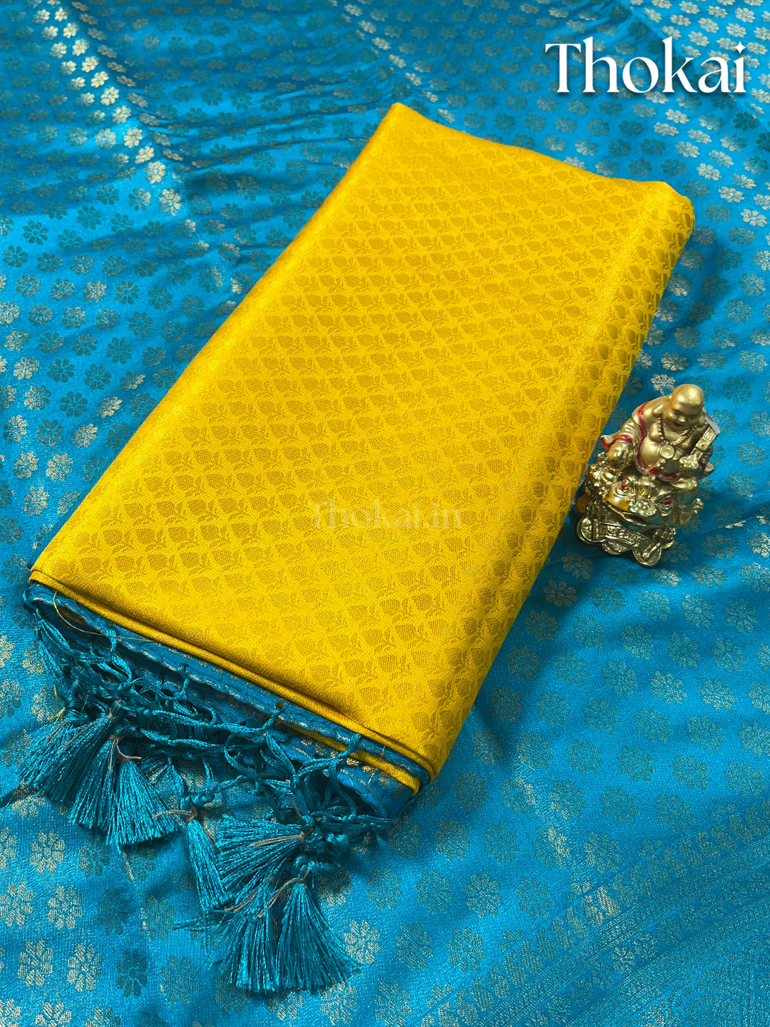 Yellow and sky blue banaras soft silk saree