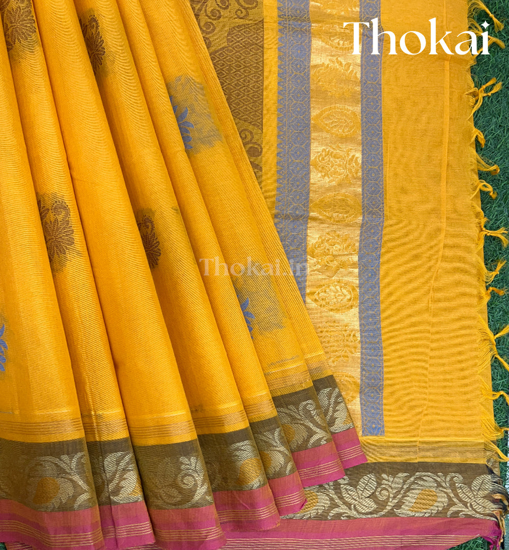 Mustard yellow and blue pure rich cotton saree