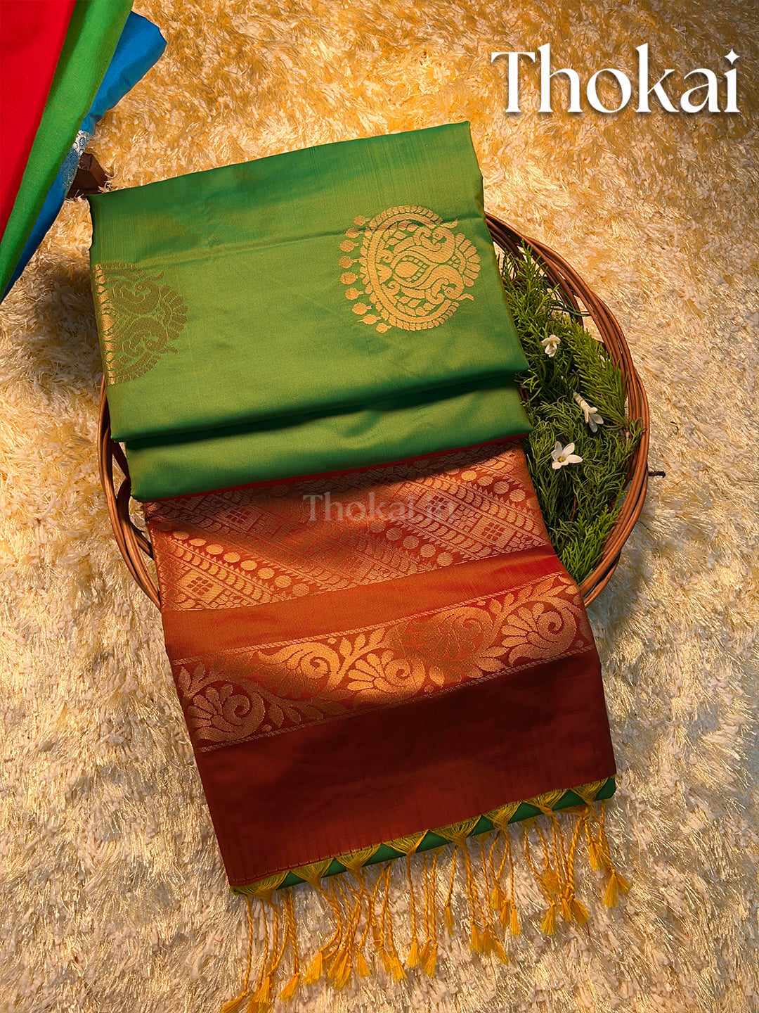 Dual color of green and maroon kanchipuram semi soft silk saree