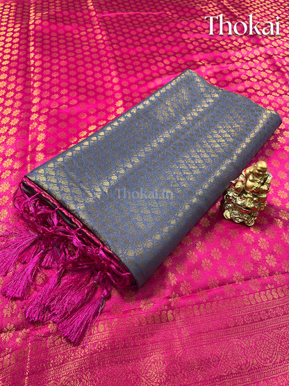 Ink blue and pink banaras soft silk saree
