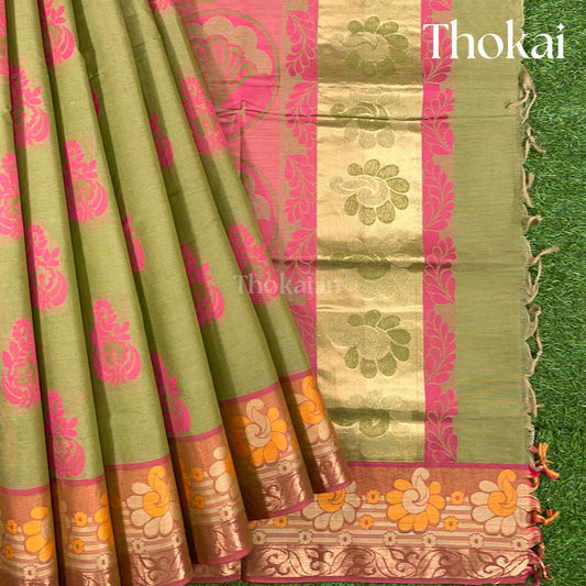 Pista green & pink pure rich cotton saree