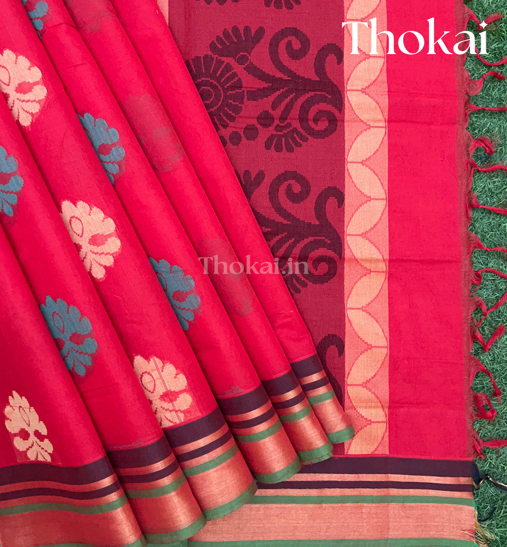 Red and blue pure rich cotton saree
