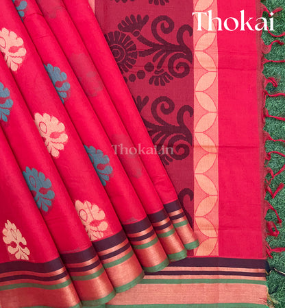 Red and blue pure rich cotton saree