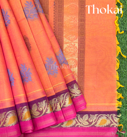 Peach and brown pure rich cotton saree