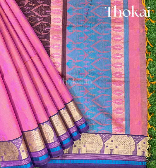 Pink and blue pure rich cotton saree