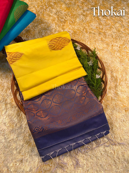Dual color of yellow and blue kanchipuram semi soft silk saree
