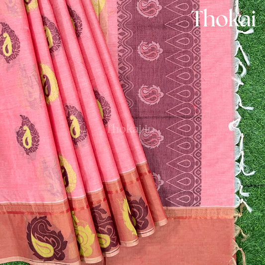 Pink & brown pure rich cotton saree