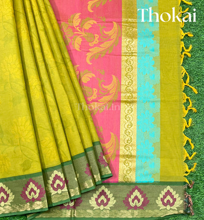 Pear green and light yellow pure rich cotton saree