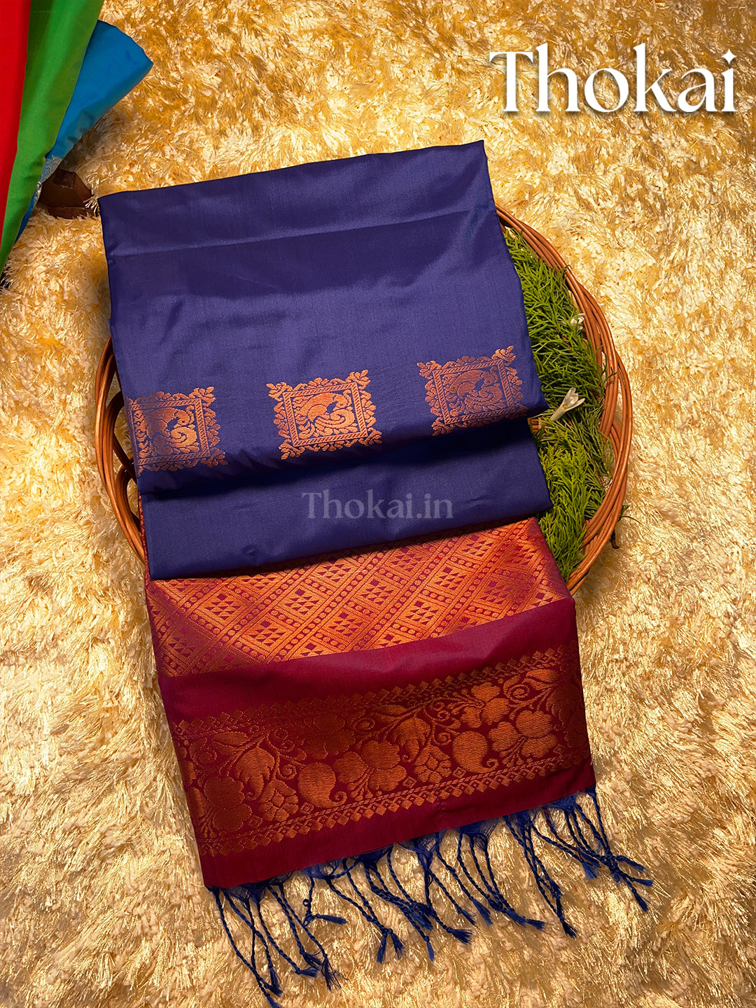 Dual color of blue and magenta kanchipuram semi soft silk saree
