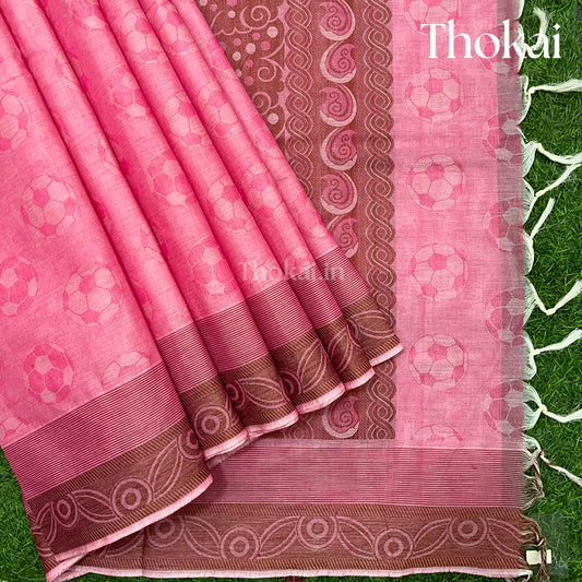 Baby pink and brown shade pure rich cotton saree