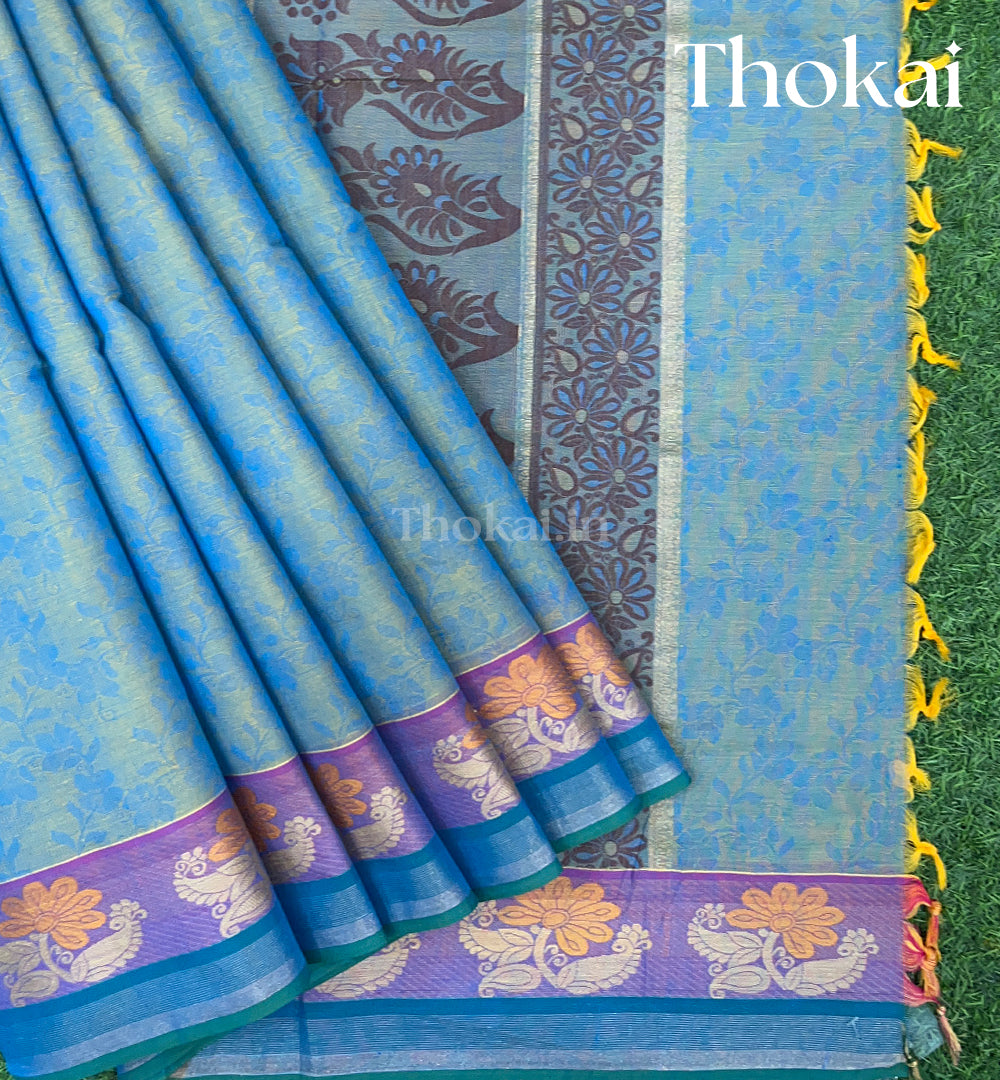 Blue and rust color pure rich cotton saree