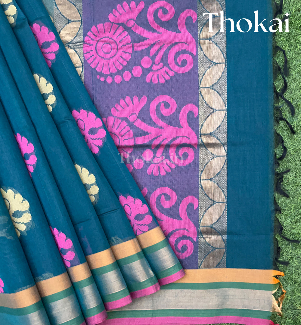 Blue and pink pure rich cotton saree