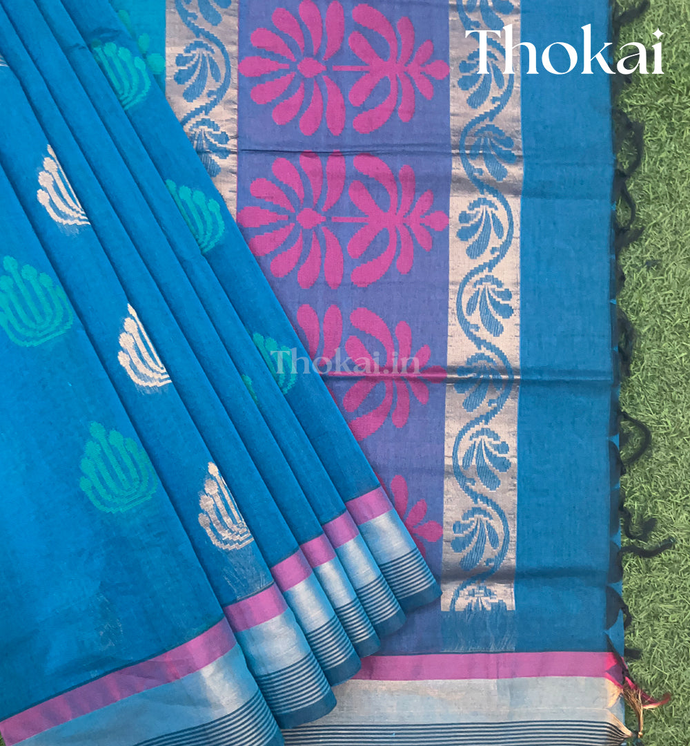 Peacock blue and pink pure rich cotton saree