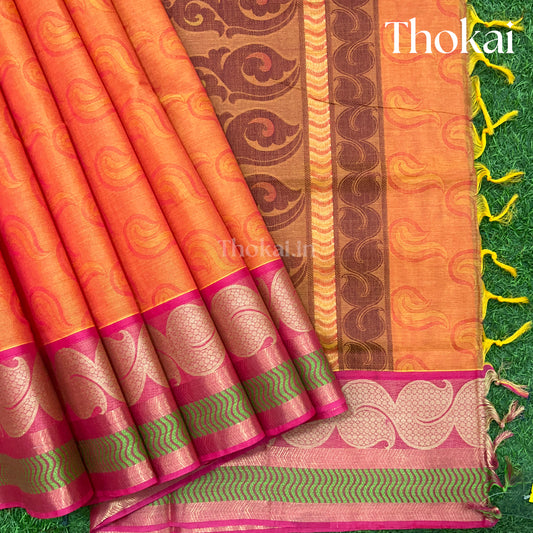 Orange and pink double tone pure rich cotton saree