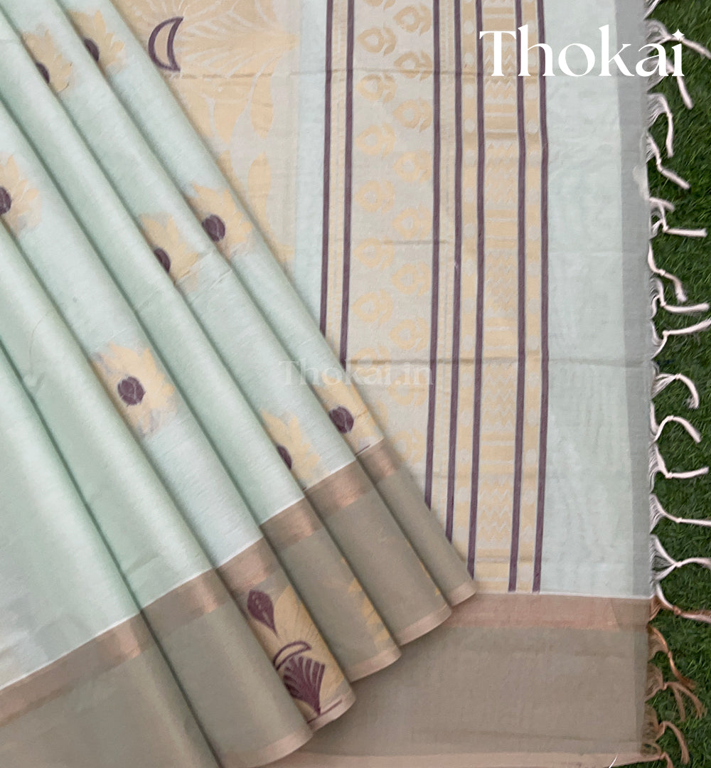 Pearl green and brown pure rich cotton saree