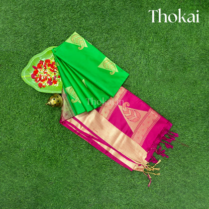 Parrot Green with Rani Pink Kanchipuram semi soft silk saree