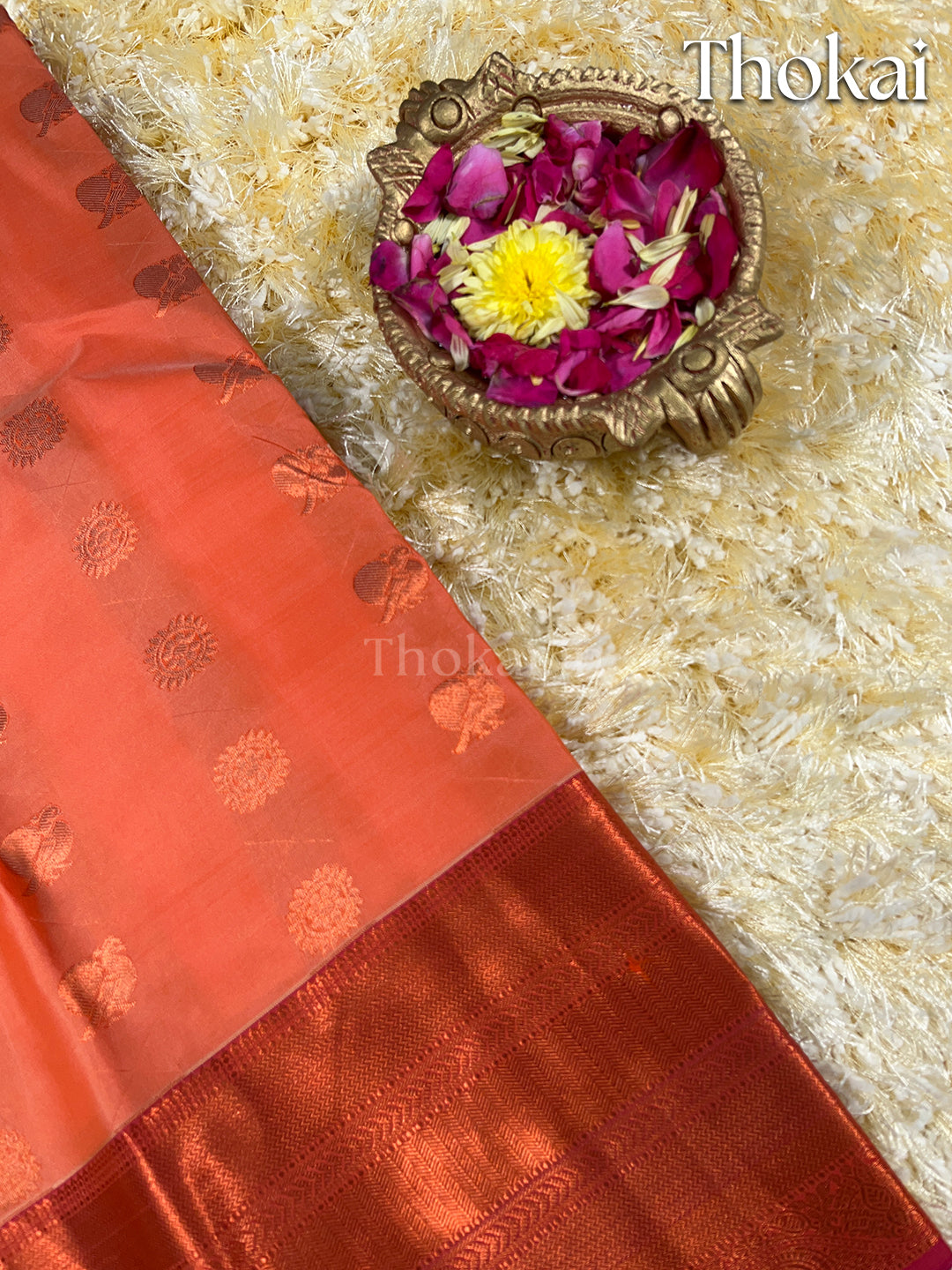 Dual color of orange kanchipuram pure silk saree