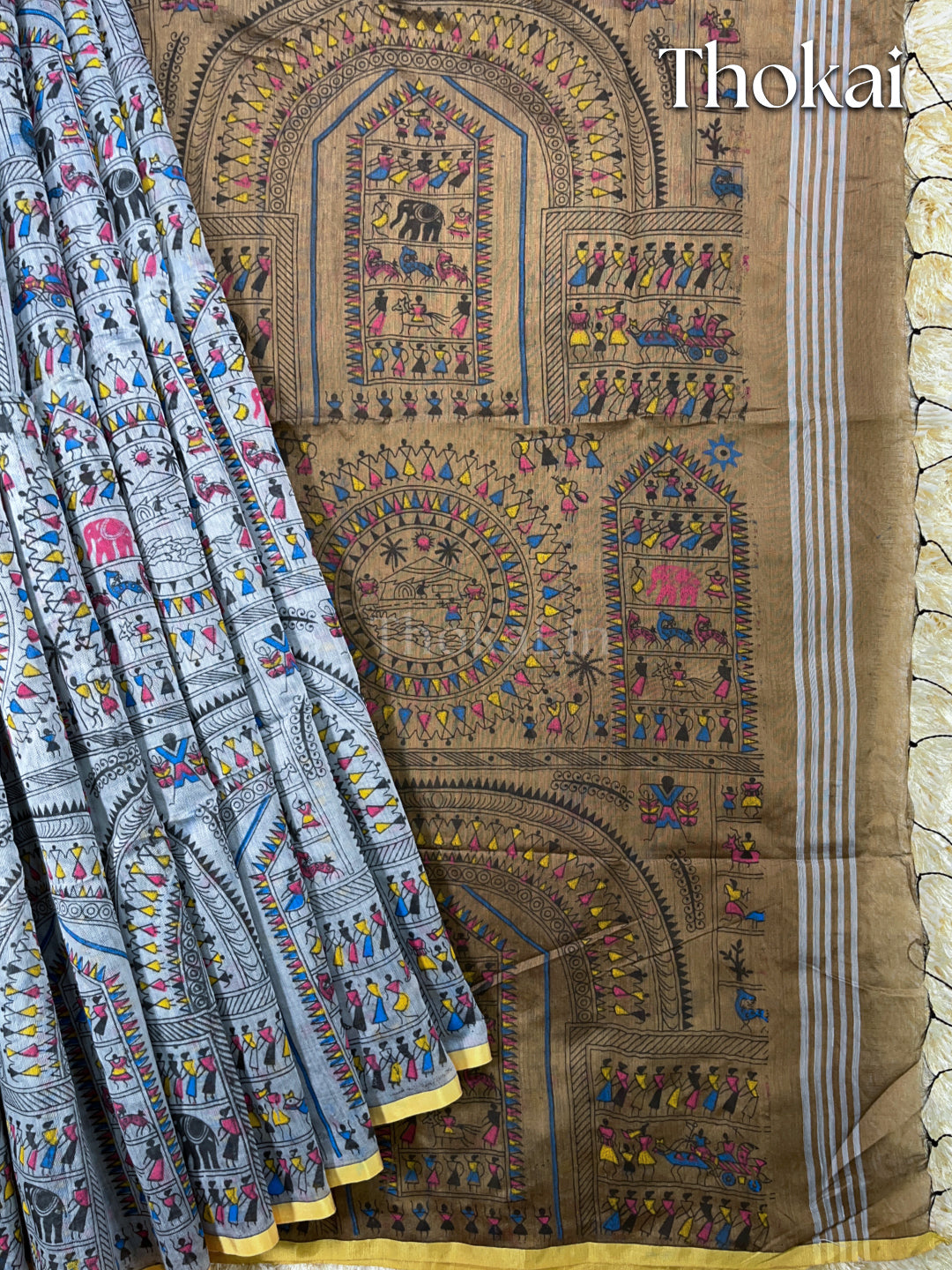 Grey and Brown madhubaani printed silk cotton saree
