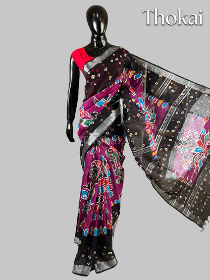 Black and purple linen batik saree