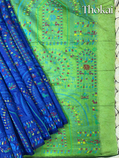 Blue and green madhubaani printed silk cotton saree