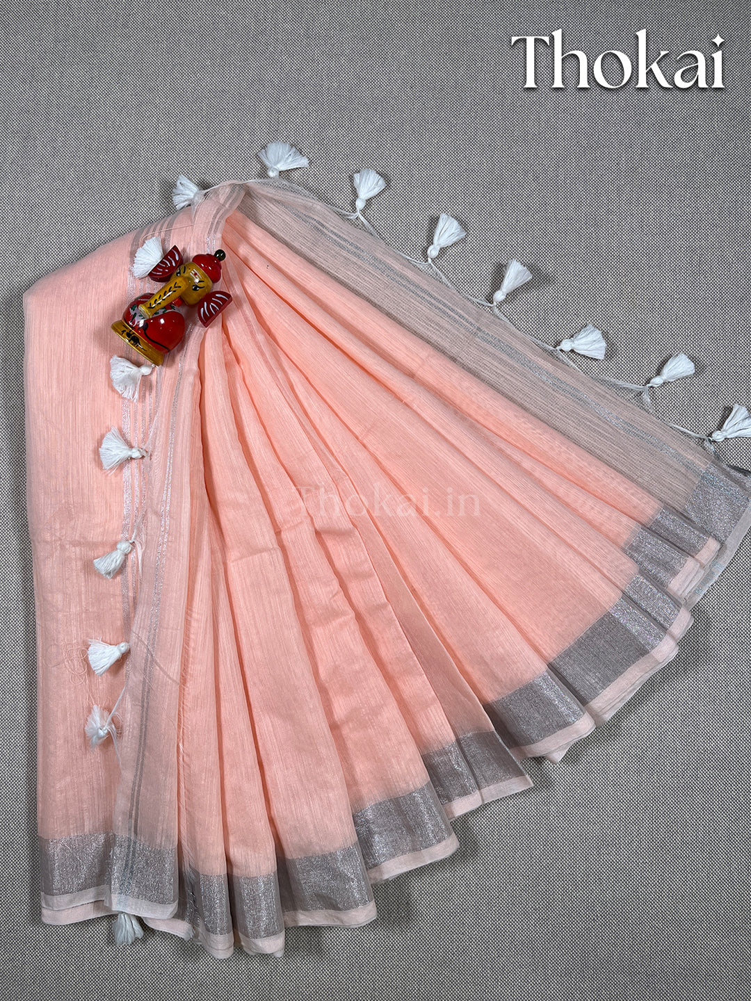 Baby pink cotton linen saree