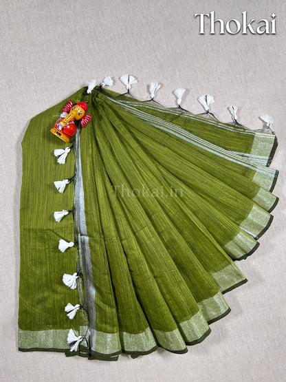 Henna green cotton linen saree