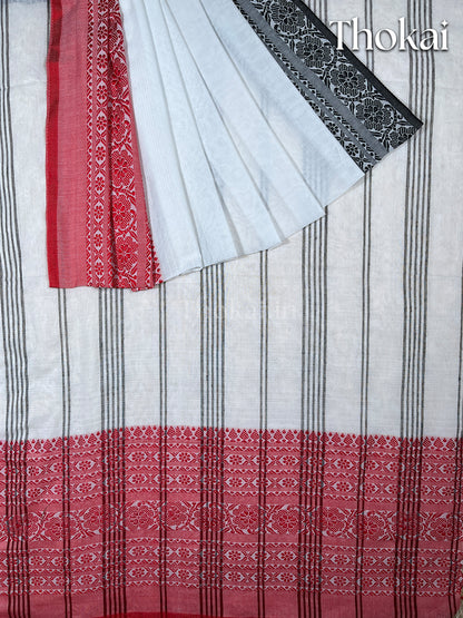 White and red begumpuri cotton saree