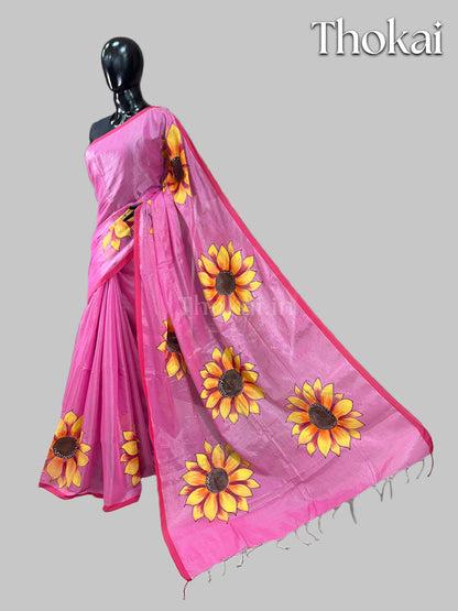 Pink hand painted saree